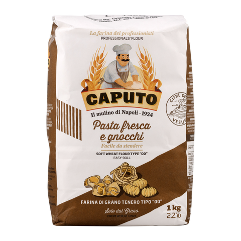 Bag of Caputo pasta flour with branding and product details on a white background