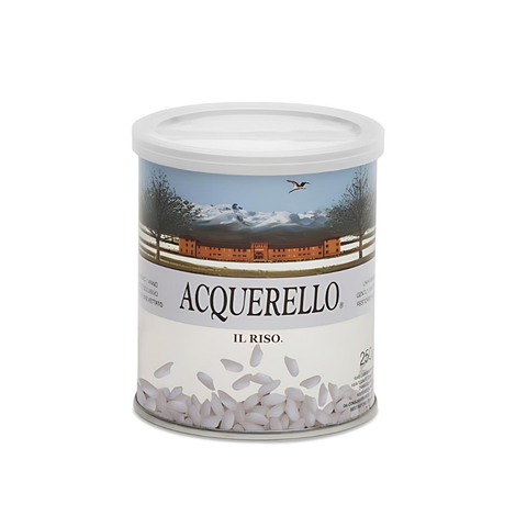 Canister of Acquerello rice with a scenic label on a white background