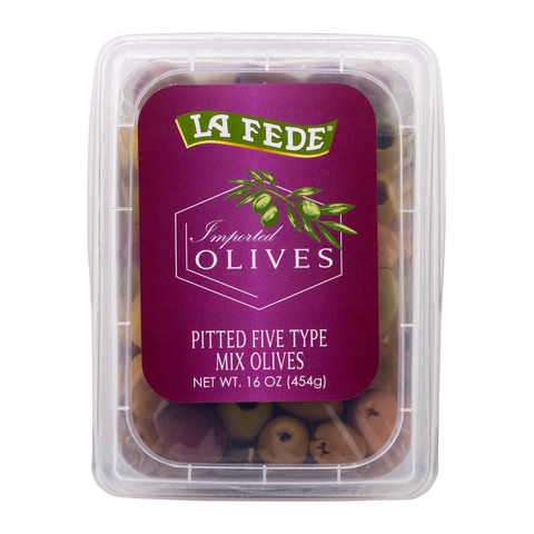 Container of La Fede olives with a purple label on a white background