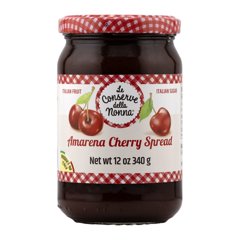 Jar of Amarena Cherry Spread with a red checkered lid on a white background