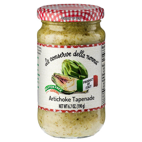 Jar of Artichoke Tapenade with a checkered lid on a white background