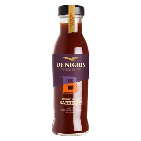 Bottle of De Nigris Gourmet Italian Barbecue sauce on a white background