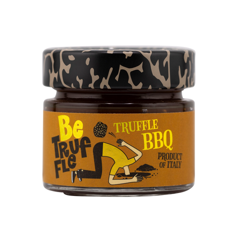 Jar of truffle BBQ product with a decorative lid on a white background