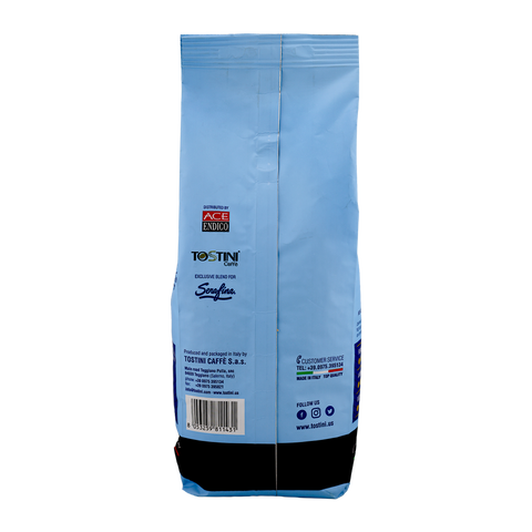 Blue coffee bag with brand logos on a white background