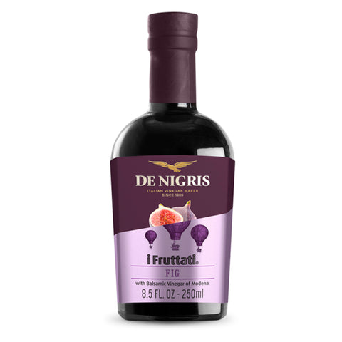 Bottle of De Nigris i Fruttati Fig vinegar on a white background