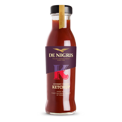 Bottle of De Nigris Gourmet Italian Ketchup on a white background