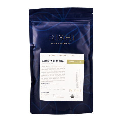 Rishi Tea & Botanicals Barista Matcha package on a white background