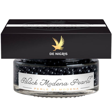 Jar of Black Modena Pearls with 'De Nigris' branding on a white background
