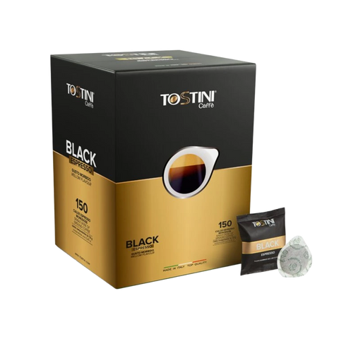 Tostini Caffé Black coffee packaging with a single packet and filter on a white background