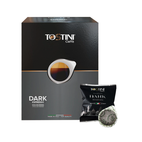 Tostini Caffè dark espresso packaging with a single capsule on a white background