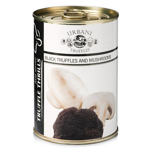 Can of Urbani Truffles Black Truffles and Mushrooms on a white background