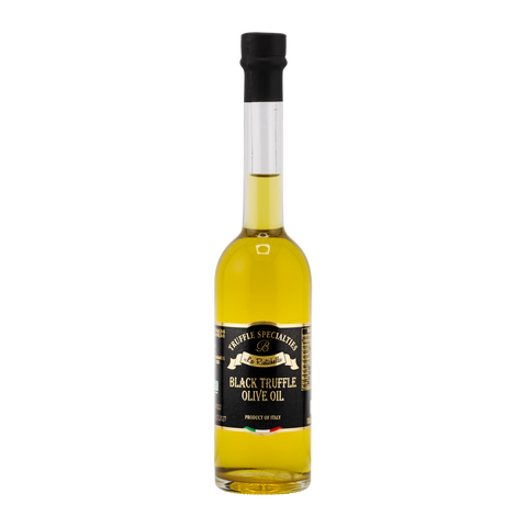 Bottle of black truffle olive oil on a white background