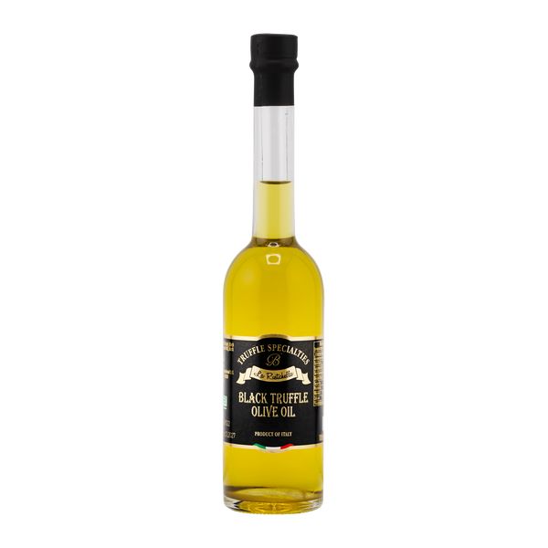 Bottle of black truffle olive oil on a white background