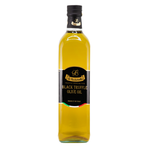 Bottle of black truffle olive oil on a white background