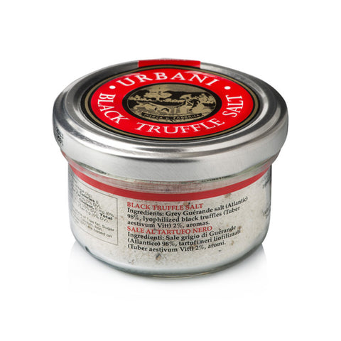 Jar of Urbani Black Truffle Salt on a white background