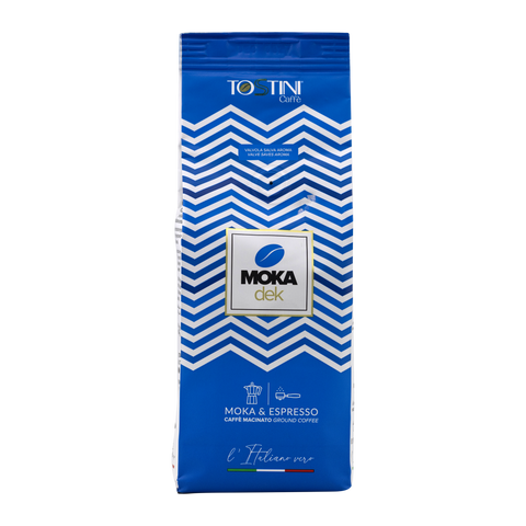 Tortin Moka Dek coffee package with blue and white design on a white background