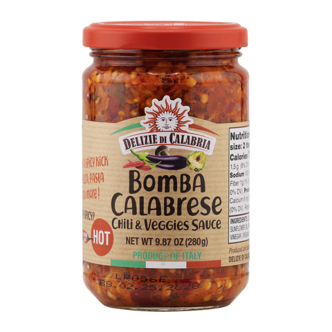Jar of Delizie di Calabria Bomba Calabrese Chili & Veggies Sauce on a white background