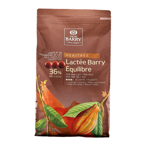 Cacao Barry chocolate packaging with cacao beans and leaves on a white background