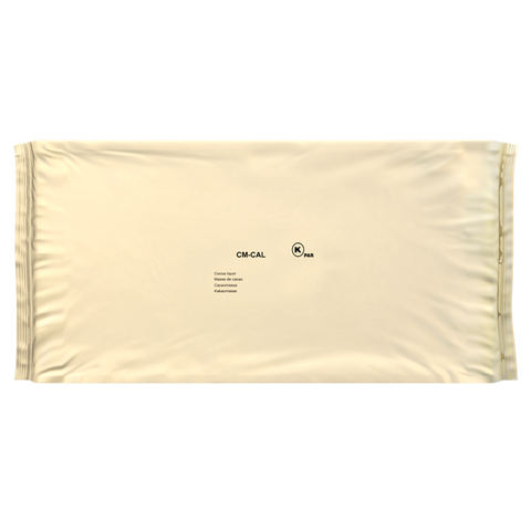 Beige fabric swatch with a brand label on a white background