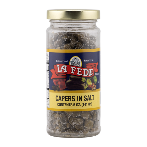 Jar of La Fede capers in salt on a white background