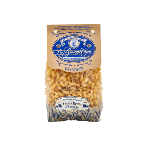 Bag of Cavatappi pasta with a brand label on a white background