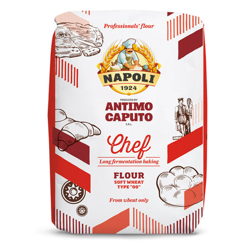 Napoli flour package with branding and product details on a white background