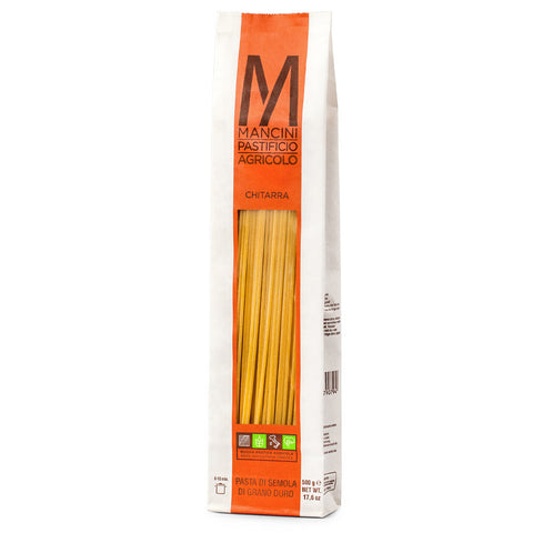 Bag of Mancini pasta with an orange label on a white background