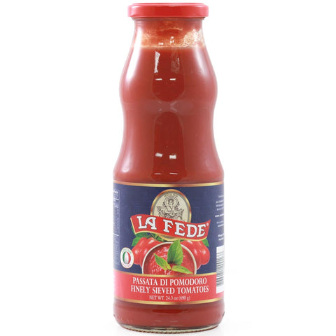 Bottle of La Fede tomato passata on a white background