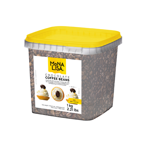 Container of Mona Lisa chocolate coffee beans with a yellow lid on a white background