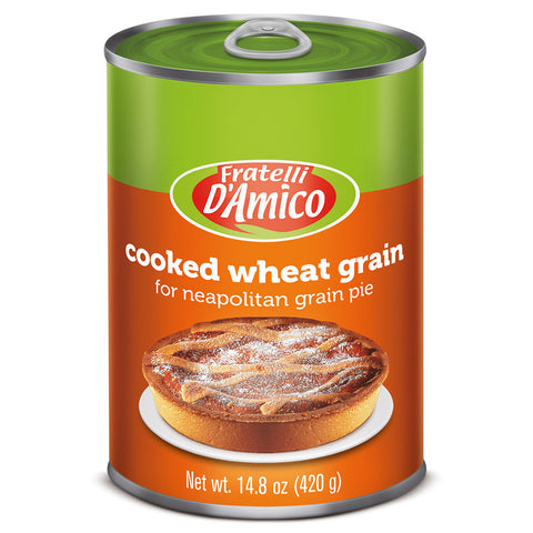 Can of Fratelli D'Amico cooked wheat grain for neapolitan grain pie on a white background