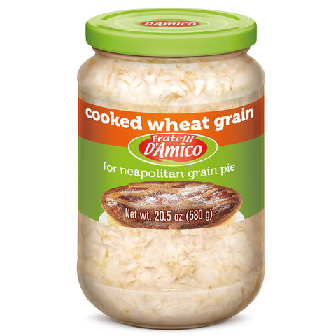 Jar of Fratelli D'Amico cooked wheat grain on a white background