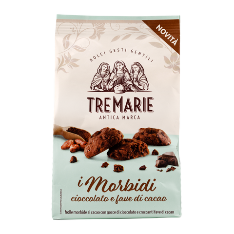 Packaging of Tre Marie cookies with a light blue background and chocolate cookies on it.