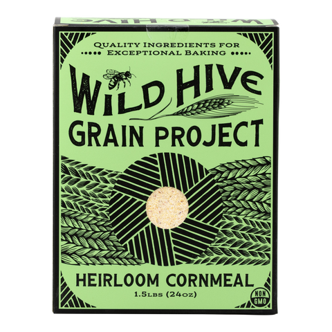 Box of Wild Hive Grain Project Heirloom Cornmeal with green and black design.