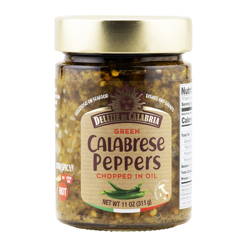 Jar of Delizie di Calabria Green Calabrese Peppers on a white background