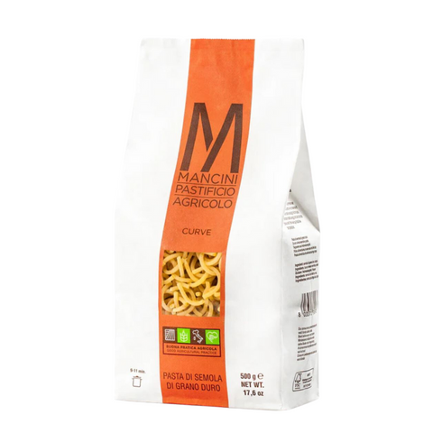 Pasta package with Mancini logo on an orange and white background