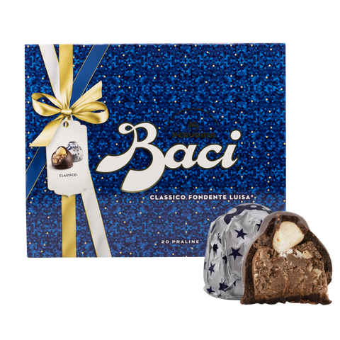 Baci chocolate box with a gold bow and two pralines on a white background