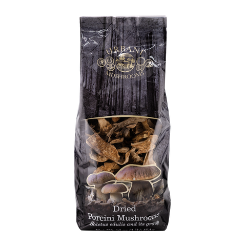 Bag of dried porcini mushrooms with Ulyana Mushrooms branding on a white background