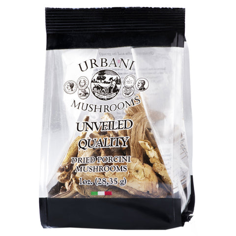 Package of Urbani dried porcini mushrooms with visible branding and product details.