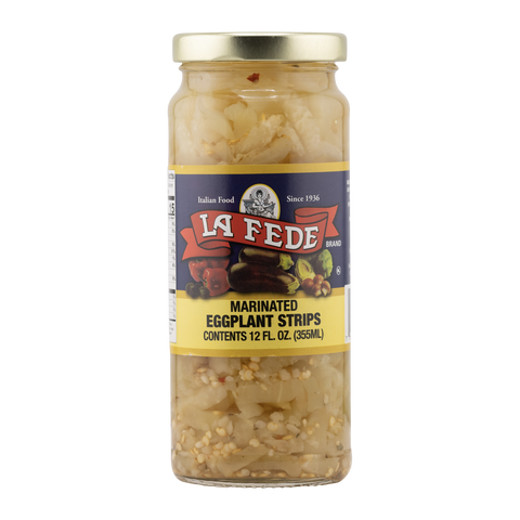 Jar of La Fede marinated eggplant strips on a white background