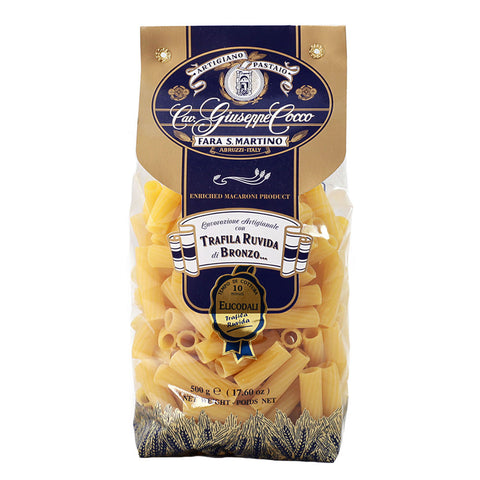 Bag of pasta with a brand label on a white background