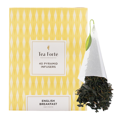 Tea Forte English Breakfast pyramid infusers with packaging on a white background