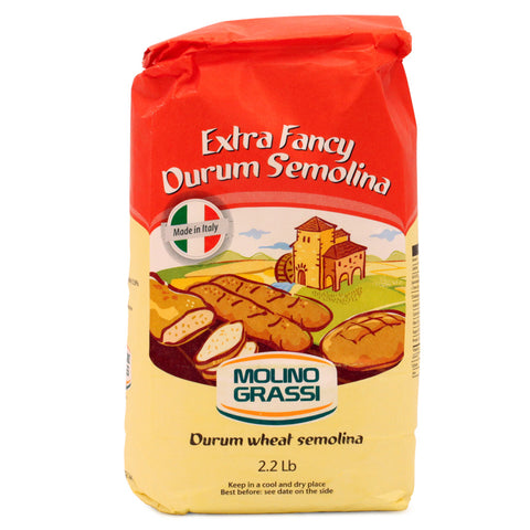 Bag of Molino Grassi Extra Fancy Durum Semolina flour on a white background