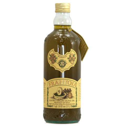 Bottle of Frantoia extra virgin olive oil on a white background