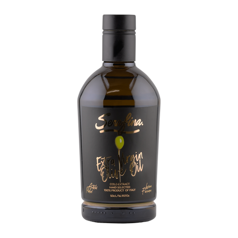 Bottle of Serafina Extra Virgin Olive Oil on a white background