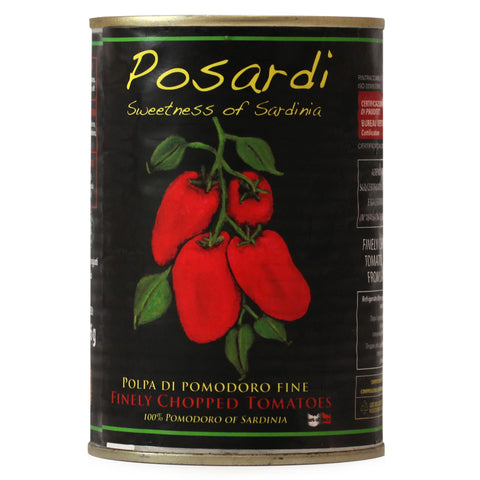 Can of Posardi finely chopped tomatoes with tomato illustration on a black background