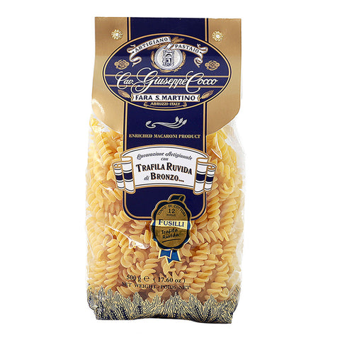 Bag of Fusilli pasta with a visible brand label on a white background
