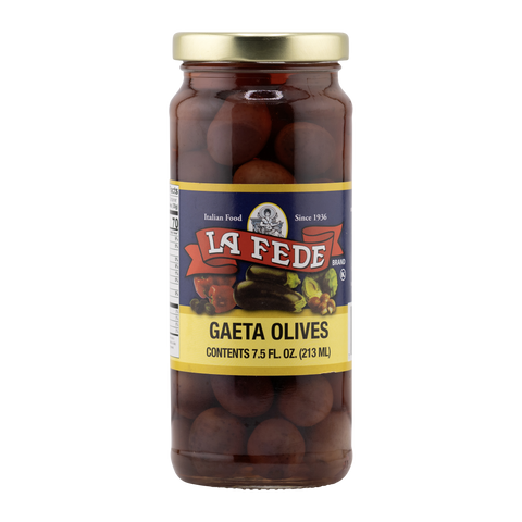 Jar of La Fede Gaeta Olives on a white background