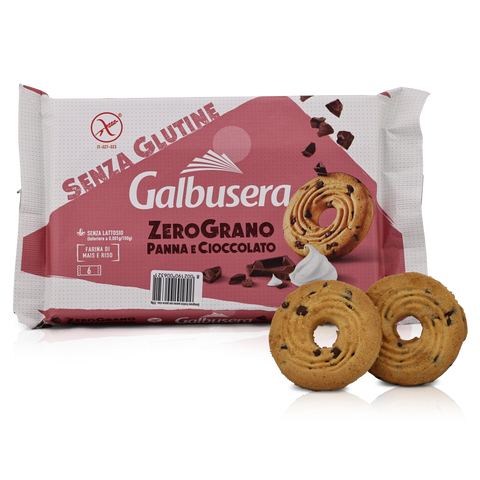 Galbusera gluten-free cookies packaging with two cookies in front on a white background