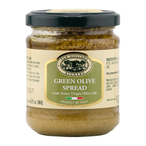 Jar of San Giuliano Green Olive Spread with a black lid on a white background