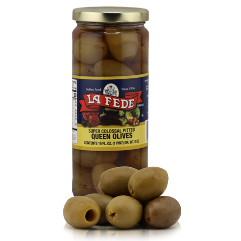 Jar of La Fede Super Colossal Pitted Queen Olives on a white background